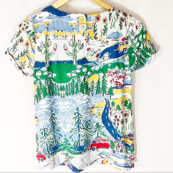 ModCloth Travel Road Trip Colorful Novelty Print Linen Blend Blouse Top - Picture 5 of 6